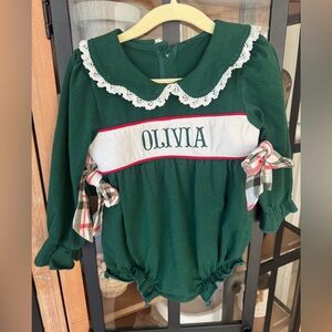 Olivia Bubble Christmas long sleeve lace embroidered monogram smock bows plaid